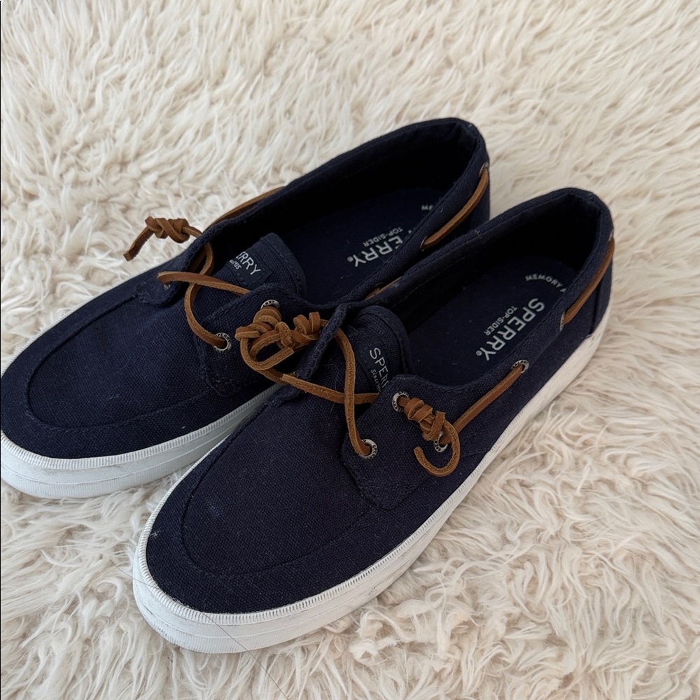 Sperry Canvas Boat Shoes Navy Blue Lace-Up Casual Flats Brand New